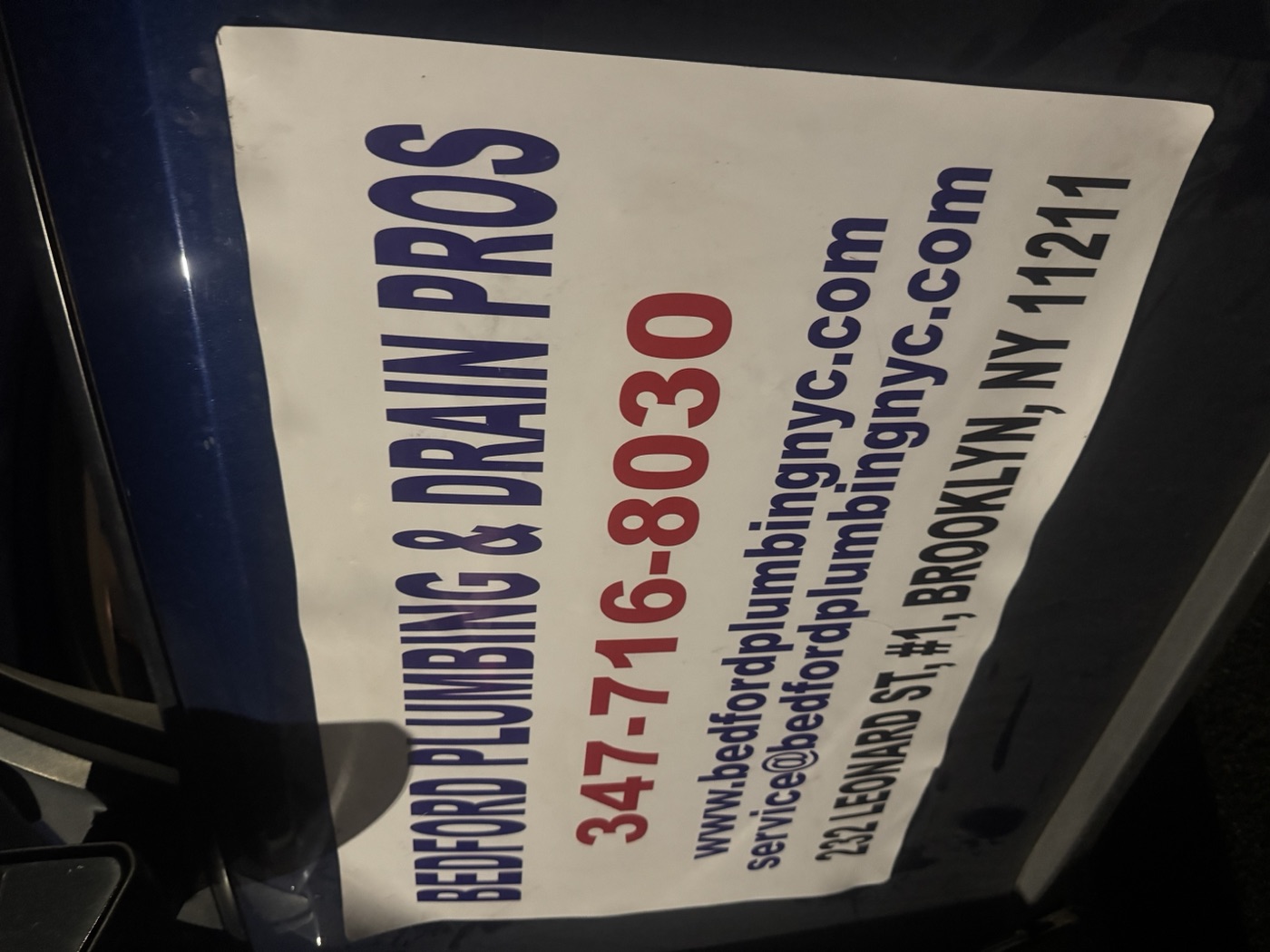 Bedford Plumbing & Drain Pros truck signage, 232 Leonard St, Brooklyn, NY 11211